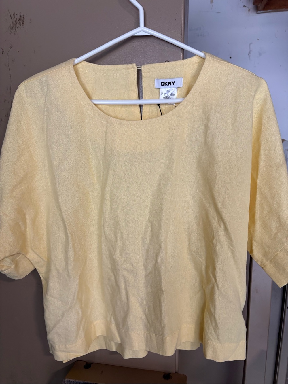DKNY Pale Yellow Short-Sleeve Linen-Blend Tunic Top
